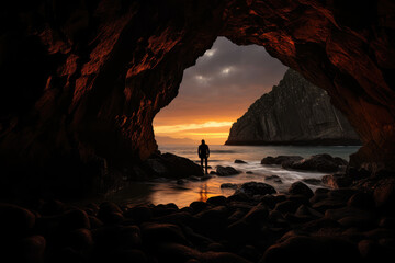 Solitary Figure Enjoys Sunset Inside Sea Cave