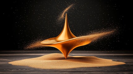 Golden Spinning Top on Sand with Black Background Abstract Art Luxury Concept Minimalism