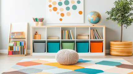 Playful Learning Space: A vibrant and organized children's playroom or classroom, filled with colorful books, toys, and educational resources, creating a stimulating and joyful learning environment. 