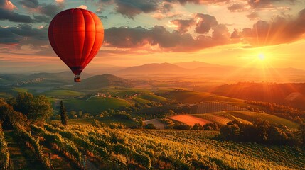 Obraz premium A vibrant oil painting of a colorful hot air balloon floating above a lush green valley at dawn. The soft pastel sky hints at the promise of a new adventure