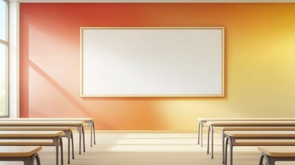 Empty Classroom with Whiteboard Orange and Yellow Walls Wooden Floor and Desks
