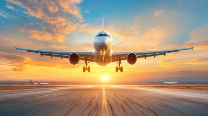 Fototapeta premium Aerial view of airport with multiple planes, complex runway network, aviation logistics