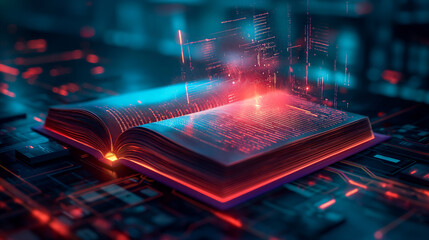 Glowing open book with abstract digital patterns on futuristic background. Generative AI