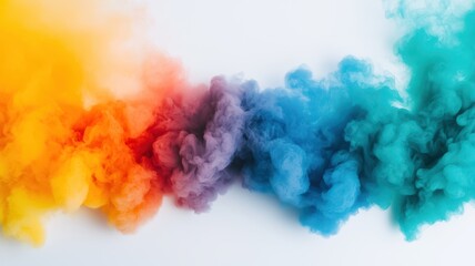 A vibrant swirl of colored smoke, featuring hues of yellow, orange, red, purple, and blue against a white background, creating a dynamic visual effect.