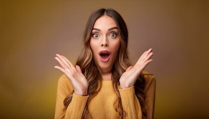 A woman with long brown hair and a yellow sweater is making a surprised face