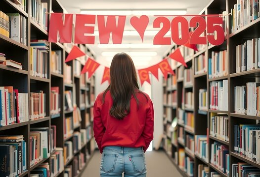 planning library Year 2025 by standing person surrounded New books