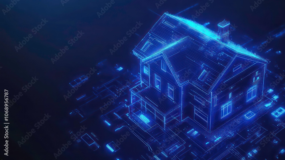 Poster a digital representation of a house, highlighting architectural design and technology.