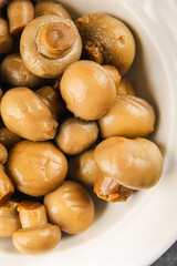 Champignon canned mushroom tasty food dish fresh gourmet food background on the table rustic food top view copy space 