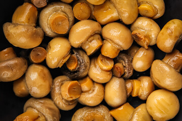 Champignon canned mushroom tasty food dish fresh gourmet food background on the table rustic food top view copy space 