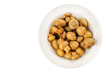 Champignon canned mushroom tasty food dish fresh gourmet food background on the table rustic food top view copy space 
