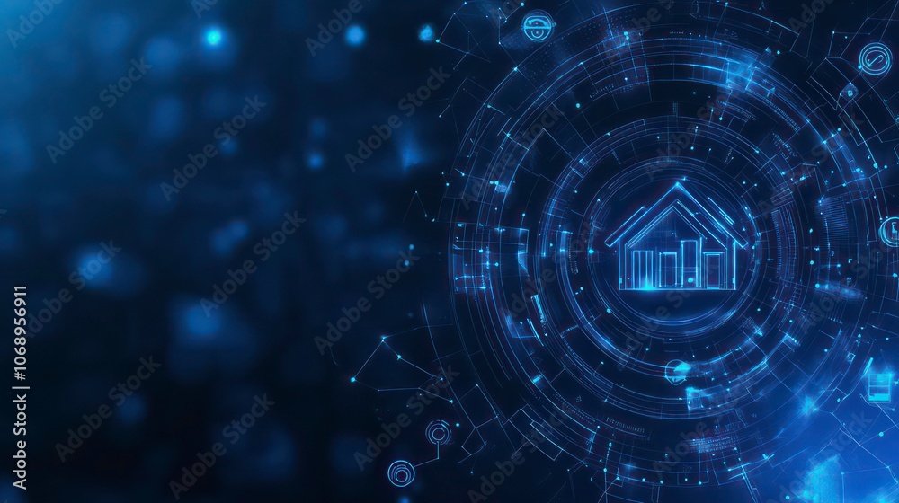 Poster Digital representation of a smart home concept with interconnected technology elements.