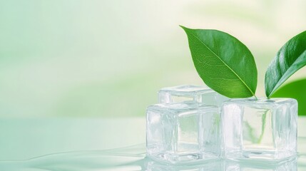 Ice Cubes with Green Leaf on Soft Blurred Background Refreshing Still Life Photography
