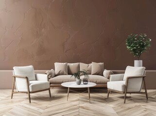 Minimalist living room interior design with a white couch. two armchairs. a wooden floor. and a large window