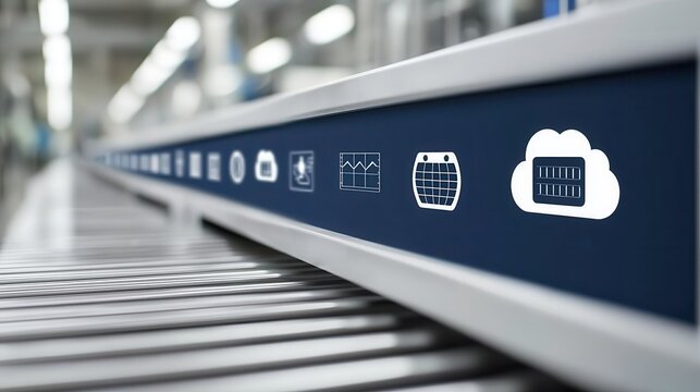 A conveyor belt features various icons, suggesting automation and digital tracking in a modern industrial environment.