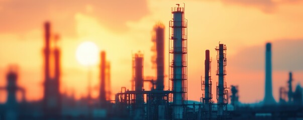 Obraz premium Industrial skyline at sunset, featuring silhouettes of tall structures against a vibrant sky, creating a dramatic and atmospheric scene.