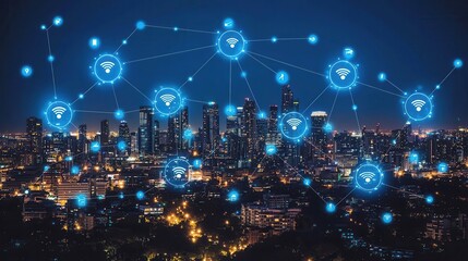 Obraz premium A vibrant city skyline at night, illuminated with digital connections and icons representing a smart network and technology integration.