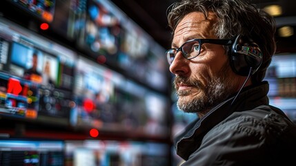 Obraz premium Focused Man in Control Room with Multiple Screens