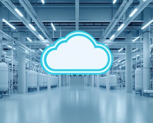 A modern industrial space featuring cylindrical tanks, with a prominent stylized cloud graphic superimposed.