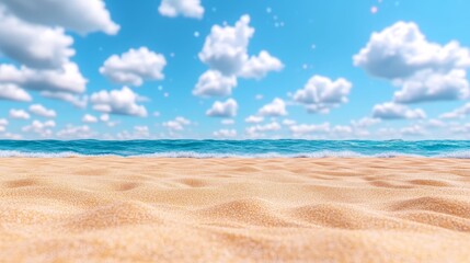 Naklejka premium Sandy Beach with Blue Ocean and White Clouds Summer Vacation Background