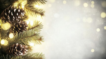 Obraz premium Close-Up Christmas Tree Branch with Pine Cones and Lights on a Soft Gray Background, Featuring a Bokeh Effect for a Festive Holiday Design with Space for Text or Additional Elements.