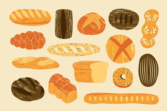 Fresh bread set. Cartoon bakery products, sliced loaf baguette ciabatta sourdough rye bagel bun, healthy organic pastry food. Vector flat collection