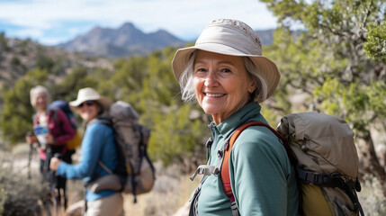 Active Older Woman Hiking in the Mountains with Friends