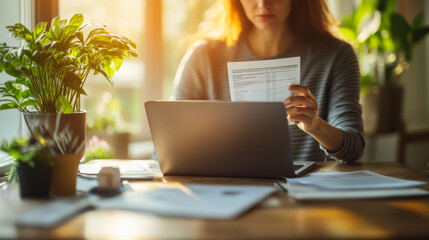 Woman reviewing documents at her desk.