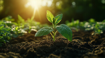 A single green sprout emerges from the rich soil, bathed in warm sunlight.