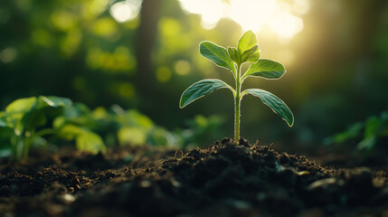 A single green sprout reaches for the sunlight in a bed of rich soil.