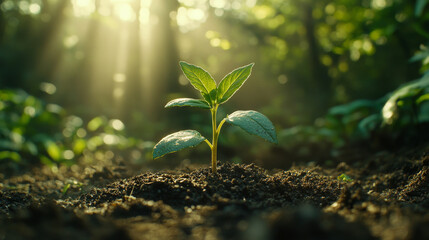 A tiny green sprout emerges from the soil, bathed in warm sunlight.