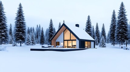 Modern Cabin in Snowy Forest Winter Landscape