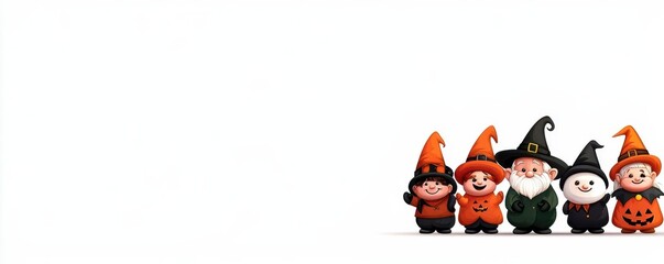A cheerful lineup of whimsical gnomes dressed in Halloween costumes, featuring vibrant colors and playful expressions, perfect for festive decor.