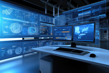 Naklejka premium High-Tech Control Room with Futuristic Interface Screens