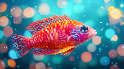 Fototapeta premium A vibrant, colorful fish swims gracefully against a dreamy, bokeh background, creating a mesmerizing underwater scene filled with life and color.