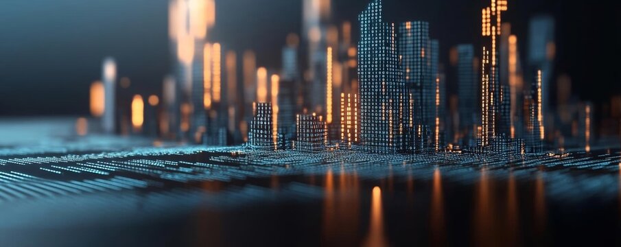 3D rendering of a futuristic city made of binary code, glowing digital architecture, high-tech metropolis