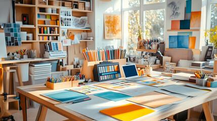 A well-lit, organized workspace with a desk covered in art supplies and a laptop.