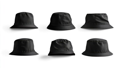 Fototapeta premium A collection of black bucket hats displayed from various angles.