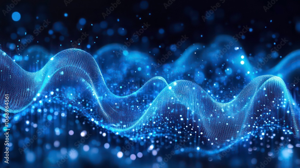 Poster Abstract waves with glowing particles, representing sound or data visualization.