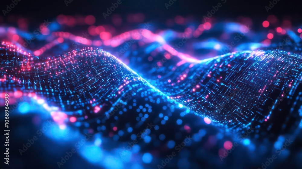Poster blue neon color abstract technology background, network light effect. concept visualization of sound