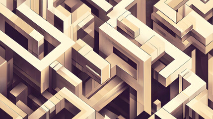 Fototapeta premium Abstract geometric pattern with 3D cubes and rectangles in beige and brown shades.