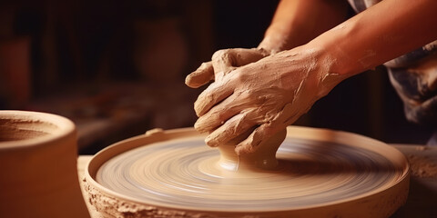 Artisan Crafting Pottery on a Spinning Wheel Close-up
