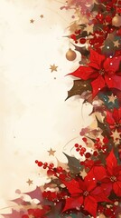 Christmas  vertical background with red poinsettia flowers and decorations watercolor illustration with copy space. 