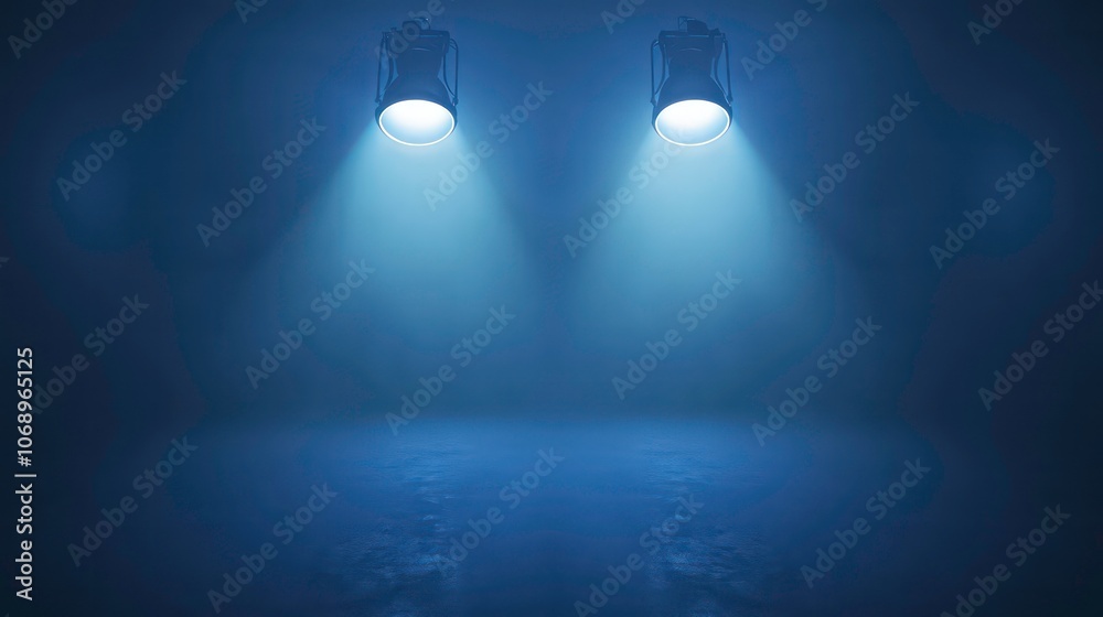 Poster two spotlights illuminate a dark, foggy space, creating a dramatic atmosphere.