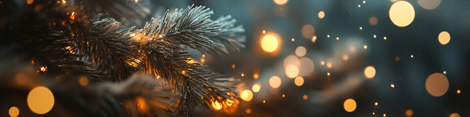 Branch of green spruce, Christmas tree close-up on blurred background of garland lights. Winter banner template, concept for Christmas, New Year and sale season. Web card and backdrop with copyspace
