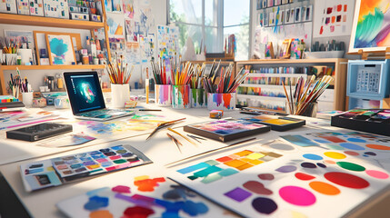 Artist's workspace with a laptop, brushes, paints, and color palettes.