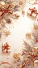 Christmas vertical background with christmas decorations and gifts boxes flat lay, watercolor illustration with copy space. 