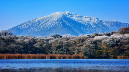 In winter, the snow-capped mountains show endless lakes. The top of the mountain was covered with white frost against the blue sky.