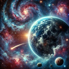 Obraz premium A majestic view of deep space with swirling galaxies, colorful nebula clouds, and bright stars scattered across the scene