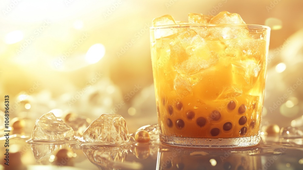 Poster Refreshing Beverage with Ice and Bubbles in Sunlight