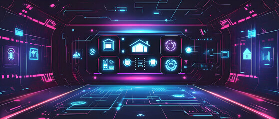 Futuristic glowing interface of a smart home system.